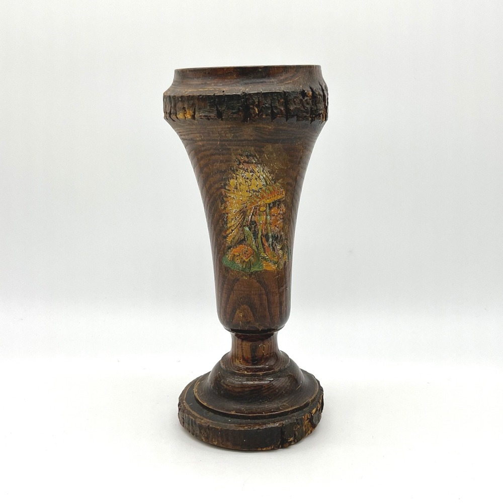 Vintage Hand Carved Wood Vase Folk Art Indian Chief Painted Decor
